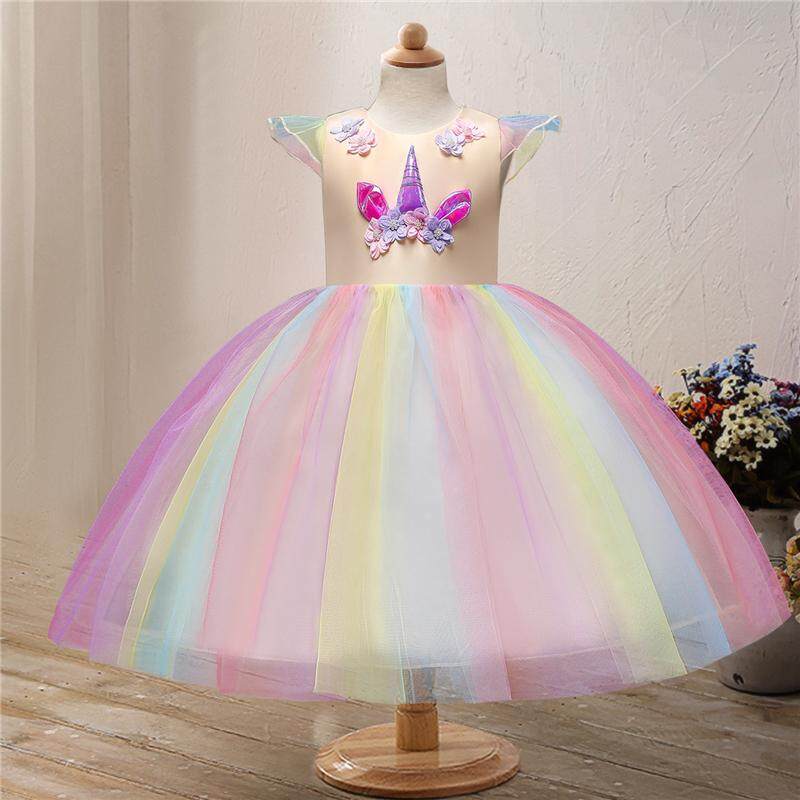 Kids Girls Unicorn Stripe Princess Dress Party Clothes Oufits