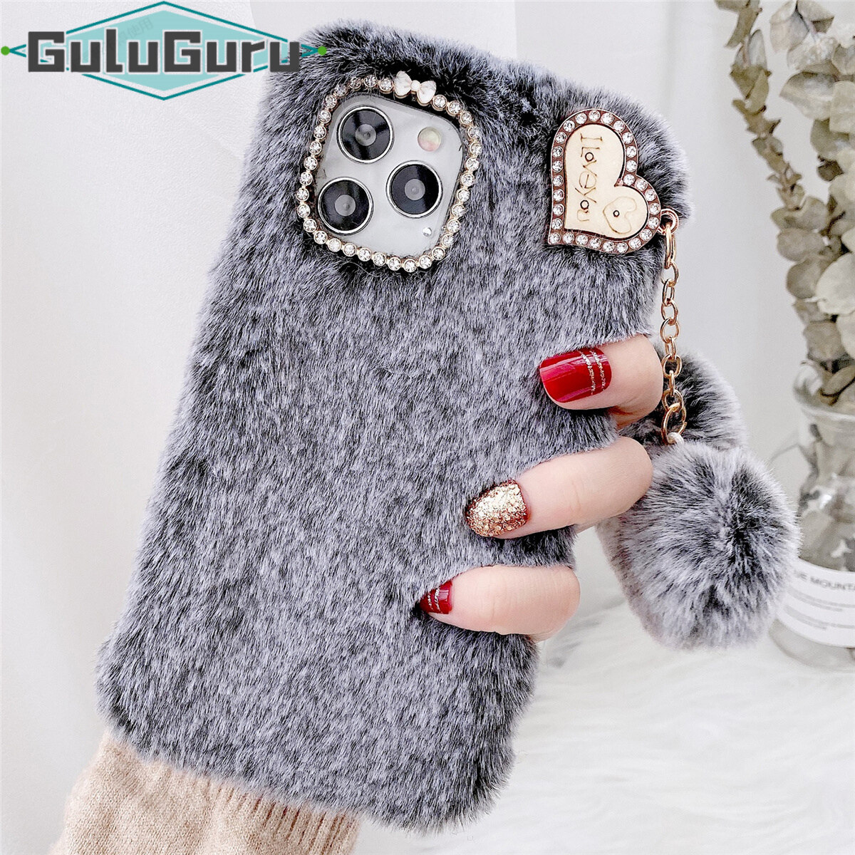 for iPhone 15 14 13 12 11 X XS Pro Max XR mini 8 7 6 Plus SE Pretty Furry Case with Fur Heart Ball, Soft Warm Furry Cute Back Case, Luxury Rhinestone + Girly Faux Fur Fluffy Shockproof Protective Cover Women Girls