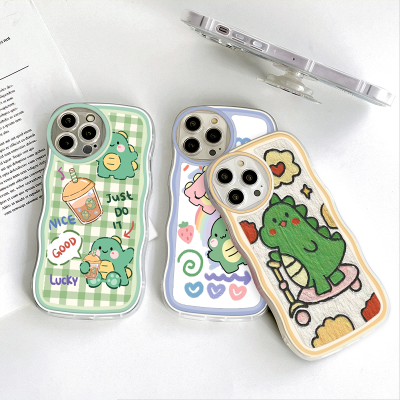 (With Free Holder) Jizetin Phone Casing For Xiaomi Redmi Note 10 Note 10S Note 10 Pro Note 10 5G Note 9 Note 8 Fashion Soft Wavy Phone Case Dinosaur Cartoon Shockproof Cellphone Casing Full Cover Camera Protection