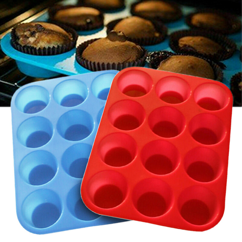 BOKALI 12 Silicone Large Muffin Yorkshire Pudding Mould Cupcake Baking Tray Bakeware