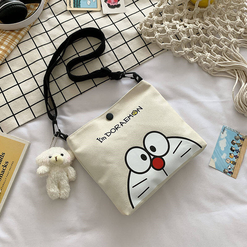 Lady Doraemon Cartoon Print Canvas Bag Cute Doraemon One Shoulder Messenger Bag Stationery Storage Bag