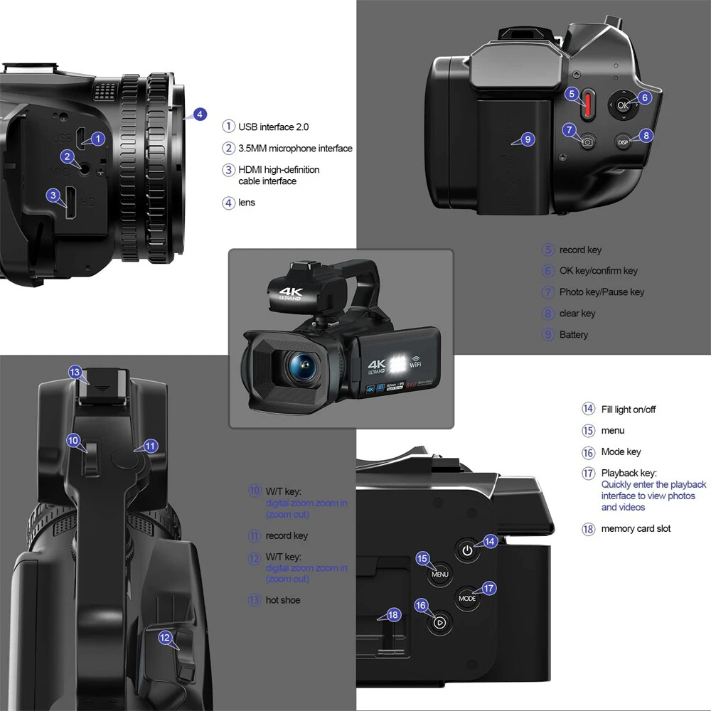 Ekleva Đầy Đủ 4K Máy Quay 64MP phát trực tiếp Chuyên Nghiệp máy quay video kỹ thuật số Streaming tự động lấy nét Nhiếp Ảnh Vlog Ghi 4 "Màn Hình Cảm Ứng