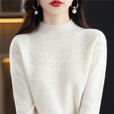 Hollow Out Solid Color Knitted Sweater Women's Half High Collar Loose Pullover Long Sleeved Sweater Korean Version Versatile Short Style Knitted Sweater Worn Inside and Outside