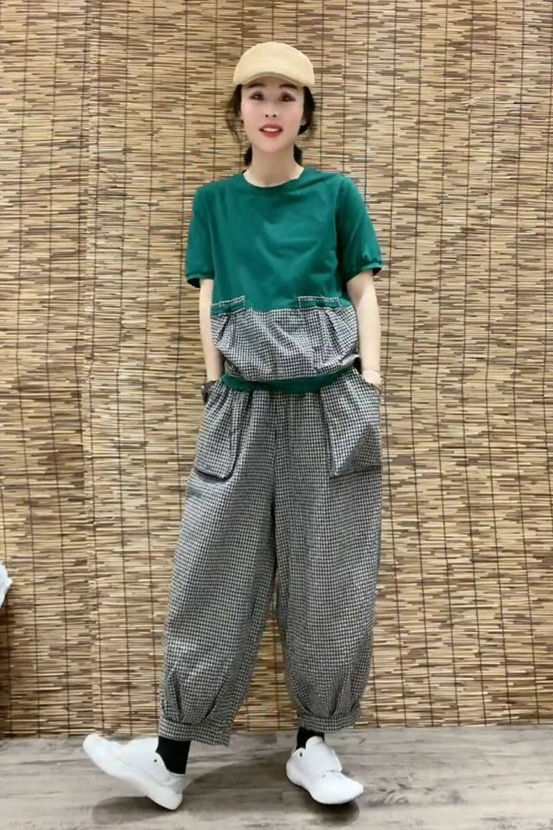 WhiteTime Stylish plaid suit women's summer plaid dress casual temperament cargo Harlan pants two-piece set Fashion suits female 301T0318