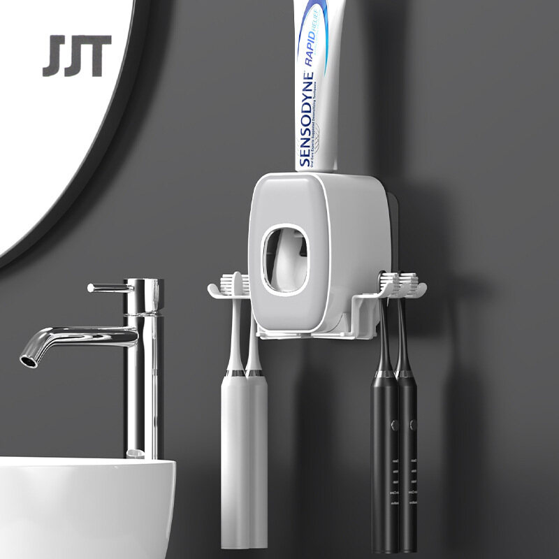 JJT toothbrush hanger toothbrush holder storage rack toothbrush holder automatic toothpaste wall shelf bathroom shelf Wall-mounted suction toothbrush holder. No need to drill into the wall, wall-mounted suction shelves, tooth brush set