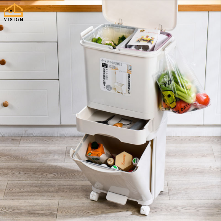 Thùng Đựng Rác Nhà Bếp Vision 3 Lớp, Thùng Phân Loại Rác Gia Đình Nhật Bản, Có Thể Di Chuyển, Giặt Khô, Ướt, Giỏ Đựng Rác Bằng Nhựa, Giỏ Đựng Rác Có Nắp