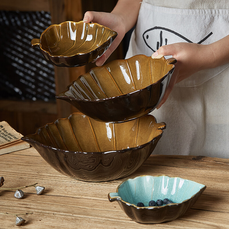 OMK Japanese Style Stoneware Leaf Shaped Salad Bowl Fruit Plate Ceramic Tableware Set