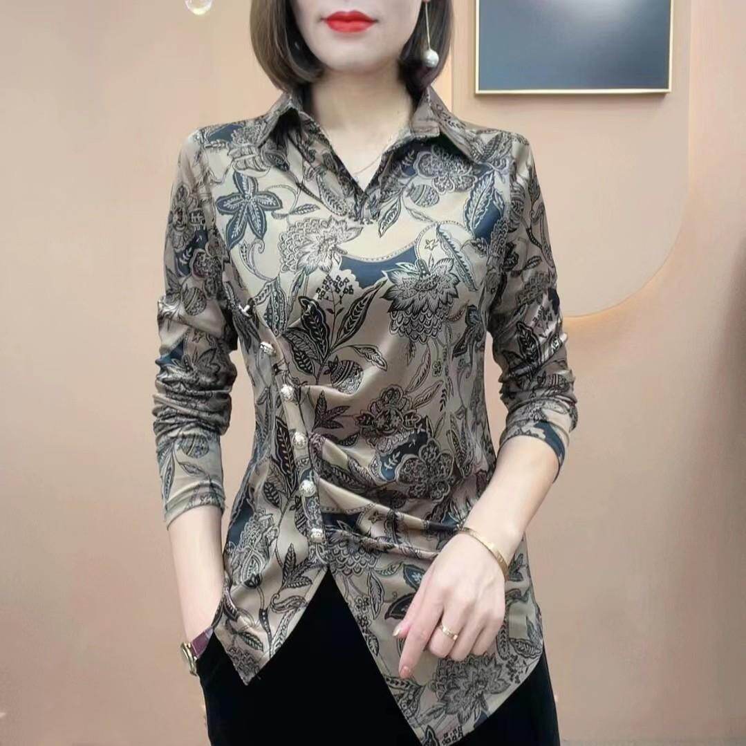 2022 New Long Sleeve Lapel Shirt Middle-aged and Elderly Mothers Fashion Foreign Style Hot Drill Slim Belly Jacket Women