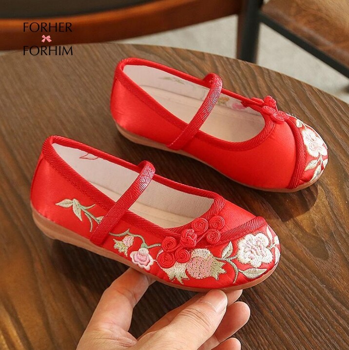 FORHER FORHIM Girls Costume Princess Embroidered Shoes Baby Chinese Style White Pink Blue Red 6-10 Old Beijing Children's Cloth Shoes Hanfu Shoes FH0653