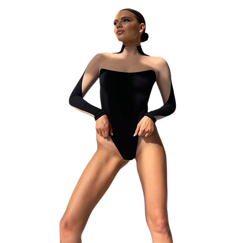 Women Mesh Bodysuit, Long Sleeves Mock Neck Solid Color Patchwork Leotard Tops