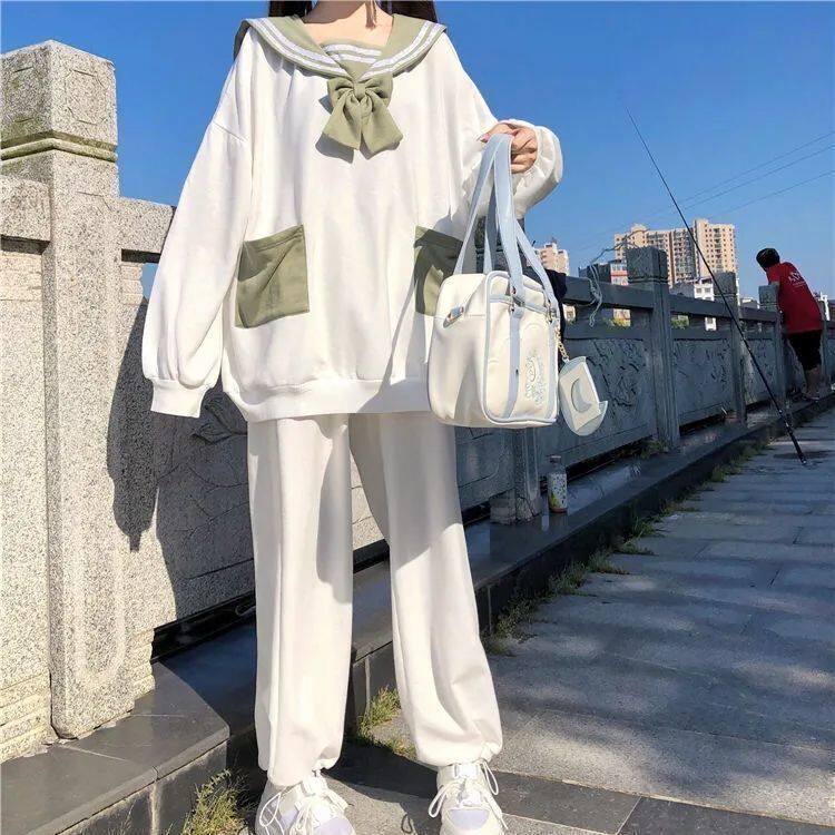 Rabbit Ears Navy Collar Sweatshirt Korean Style Loose Autumn and Winter Plus Velvet Suit Female Student Two-piece Trousers