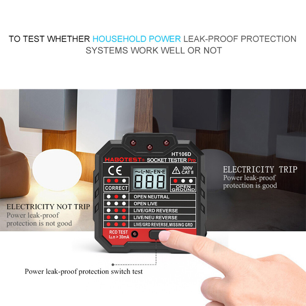 KKmoon HABOTEST Advanced RCD Electric Socket Tester Automatic Neutral Live Earth Wire Testing Circuit Polarity Detector Wall Plug Breaker Finder Electric Leakage Test with Voltage Backlight LCD Display