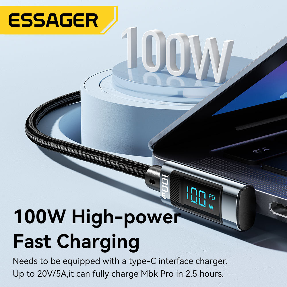 Essager Pd 100W Loại C Để Loại C Cáp Khuỷu Tay Màn hình hiển thị kỹ thuật số USB2.0 USBC Nhanh Chóng Sạc Điện Thoại Di Động Dữ Liệu Dây Cho Máy Tính Xách Tay Xiaomi cá mập đen điện thoại di động