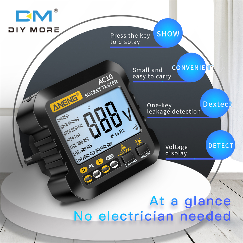 diymore Máy Kiểm Tra Ổ Cắm AC10 Máy Dò Phích Cắm Máy Dò Pha Kiểm Tra Pha Phân Cực Phích Cắm Không Dây Đồng Hồ Vạn Năng Kỹ Thuật Số Phích Cắm US/EU