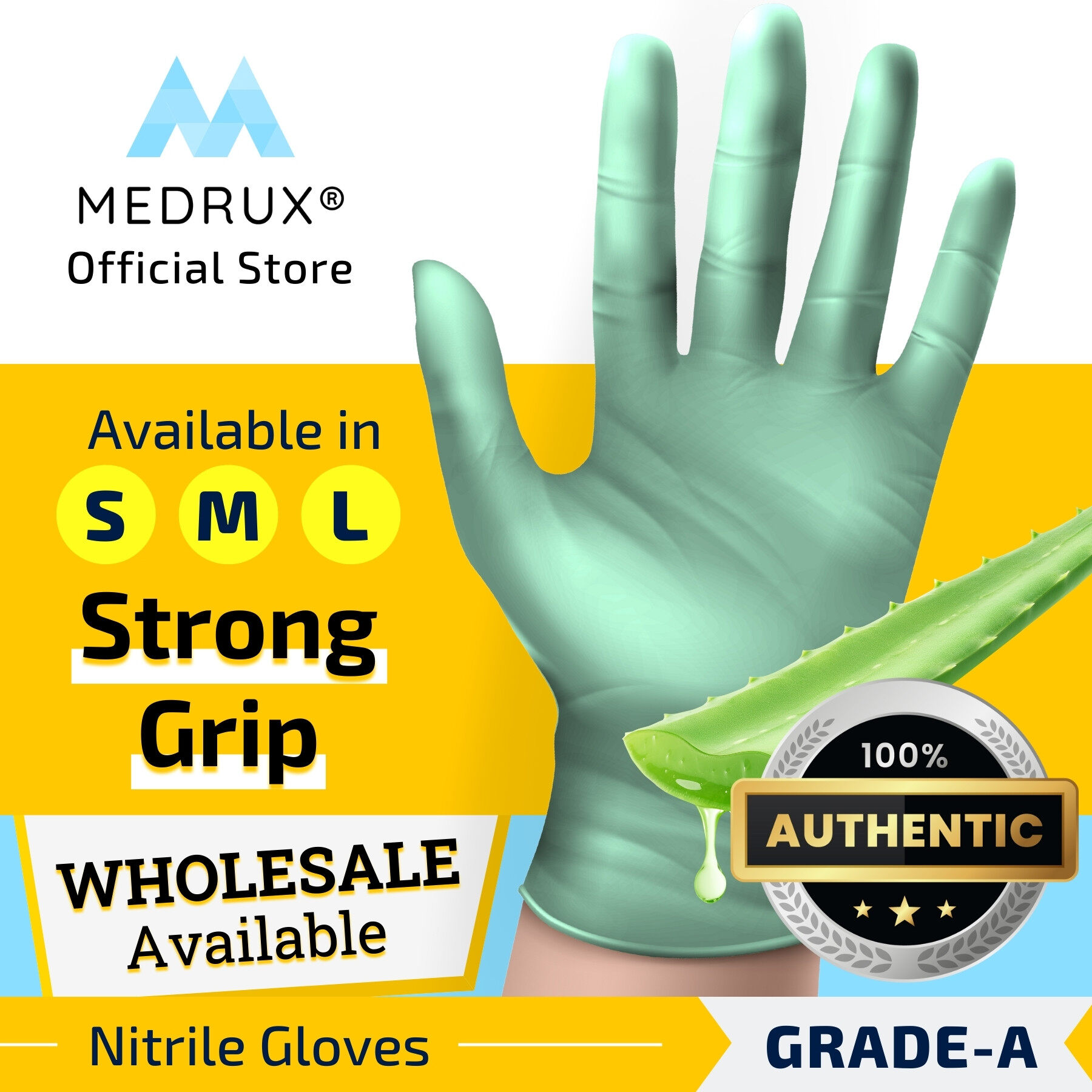 MEDRUX® Aloe Vera Coated Powder Free Nitrile Gloves 100 Pcs (1 Box