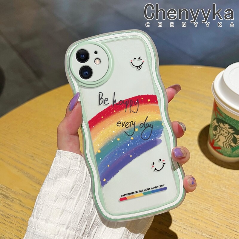 chenyyka Casing For iPhone 14 Pro Max 14 PLUS 13 Pro Max 13 Mini Case Cartoon Rainbow Smile Pattern Wave Border Soft Clear Shockproof Phone Cases Creative Camera Transparent Casing Silica Gel Protective Cover