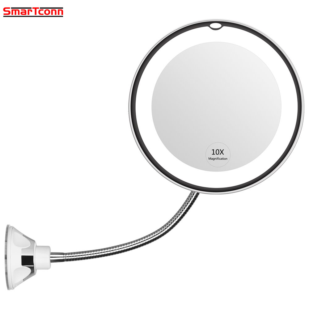 Flexible Gooseneck LED Lighted 10X Magnifying Makeup Mirror with Power