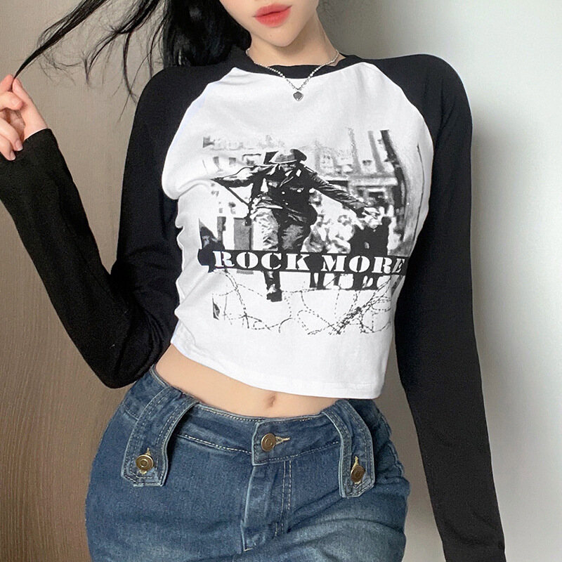 2021 Autumn Print Vintage Y2K T Shirt Women Kawaii Long Sleeve Tee Harajuku Crop Top Casual Tee Shirt Fashion Streetwear