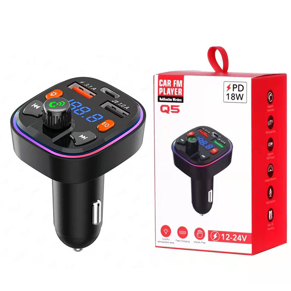 Kebeteme 12-24 v car charger dual usb 3.1a dual usb+18w pd port quick charge bluetooth 5.0 handsfree audio fm transmitter usb fast charge car mp3 player