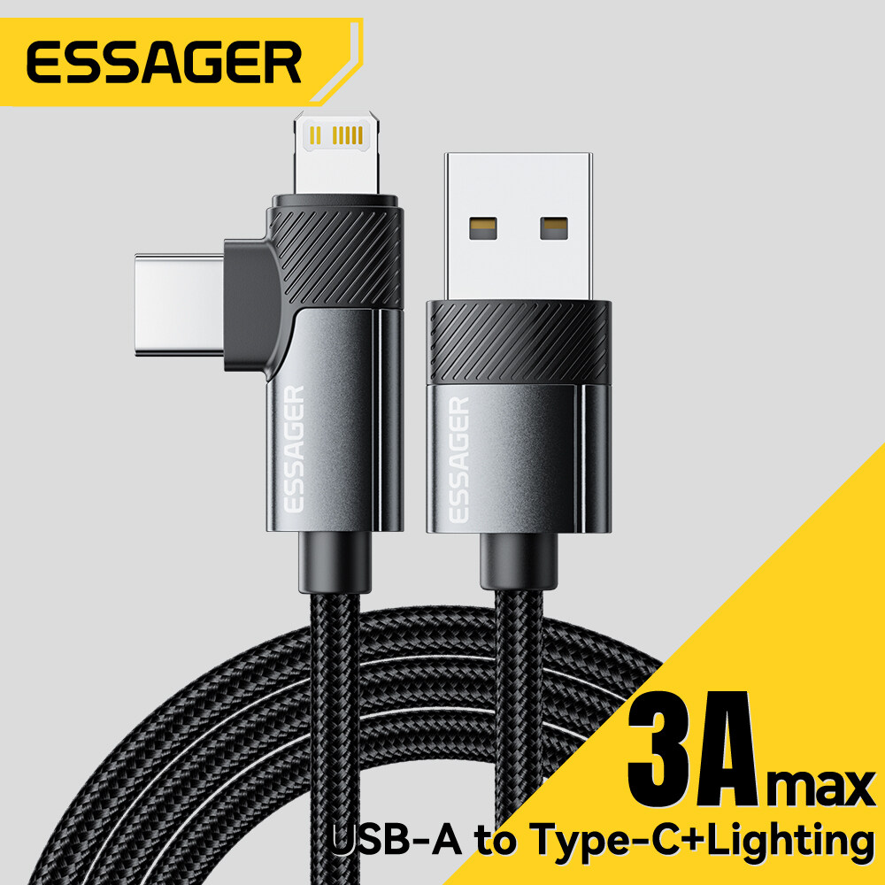Essager 2 in 1 USB-A To Type C+Lightning Cable 3A USB A-C A-L Wire For iPhone16 15 14/13/12/11/10/9/8/7/6/5 Macbook iPad Apple Watch AirPods For Huawei Mate XT Xiaomi 14 Mobile Type C Lightning Charging Phone Tablet Laptop Data Cord