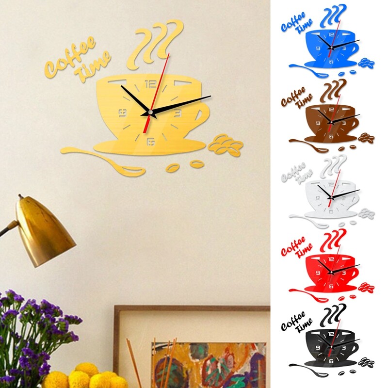 Creative 3D DIY Coffee Time Clock Acrylic Wall Clock Modern for Kitchen Home Decor Cup Shape Wall Sticker Hollow Numeral Clock