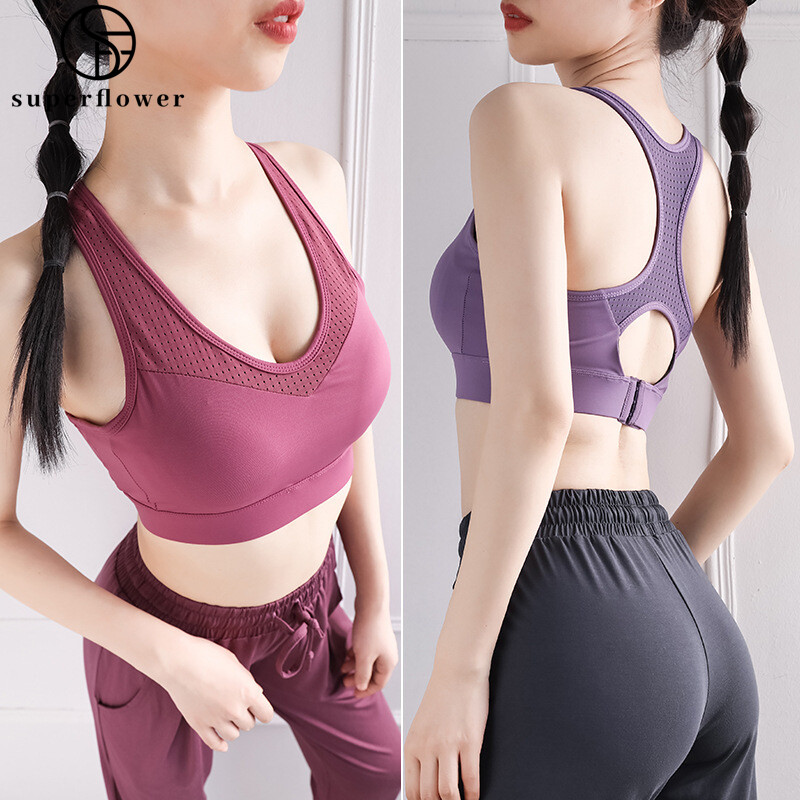SUPERFLOWER Women's Fixed Bra Pads Mesh Push Up Plus Size Workout Fiess Sports Bra_voghion.com