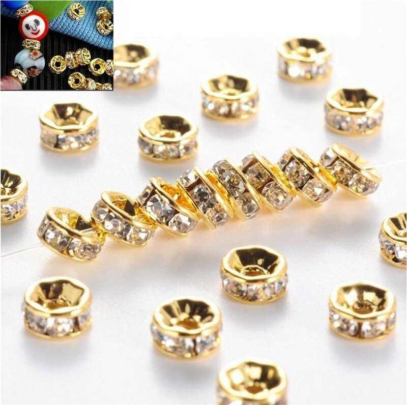 100 pieces 6mm Round Rhinestone Pearl Beads Spacer Rondelle Gold Craft Bracelet Necklace DIY Accessories