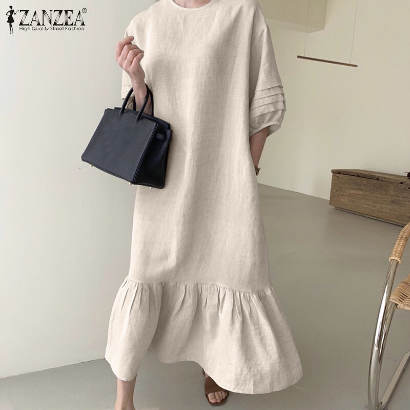 ZANZEA Korean Style Womens Puff Sleeve Crew Neck Long Maxi Dress Elegent Loose Solid Swing Sundress