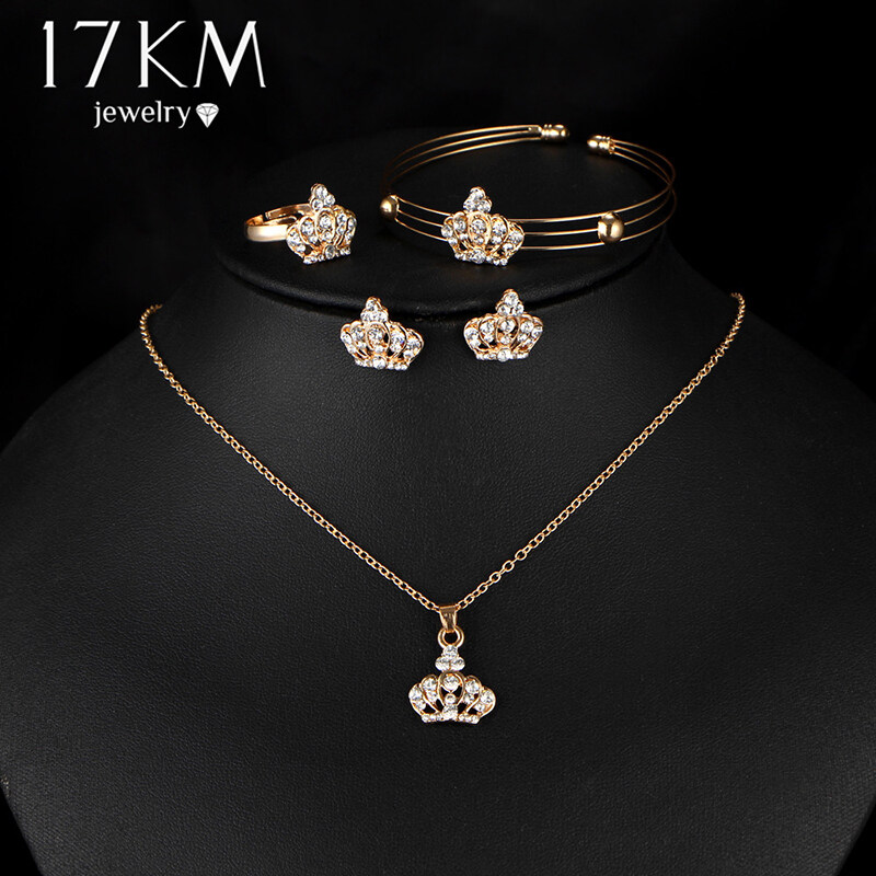 Bộ Trang Sức Cô Dâu Vương Miện Màu Vàng 17Mile Vòng Cổ Hoa/Hoa Tai/Nhẫn/Vòng Tay Phụ Kiện Cưới Cho Phụ Nữ