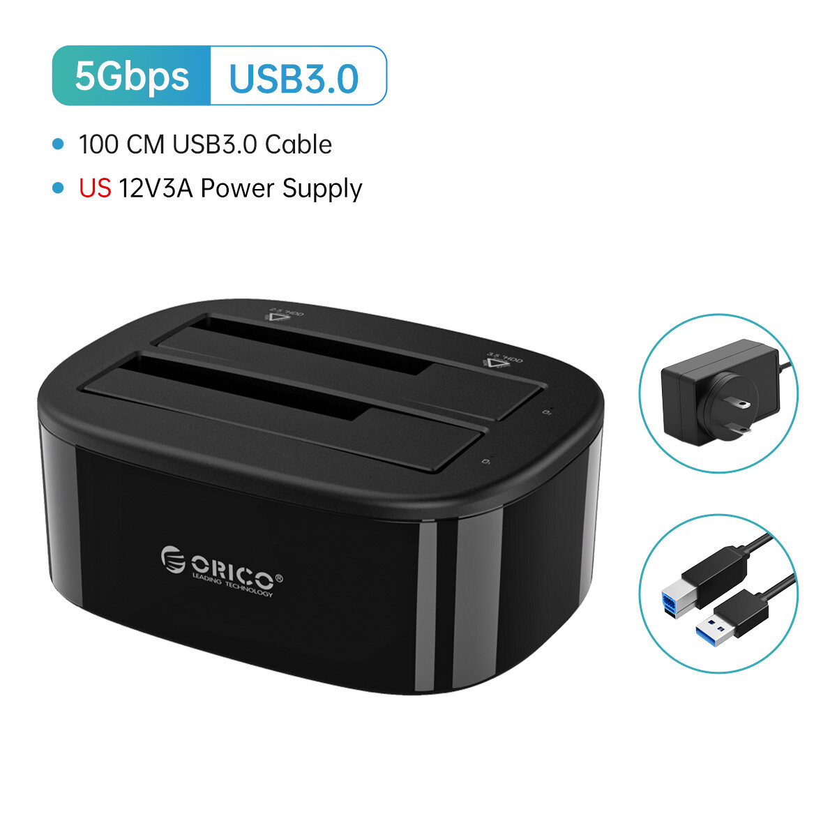 ORICO Dual-bay Hard Drive Docking Station for 2.5/3.5 Inch HDD SSD SATA ...