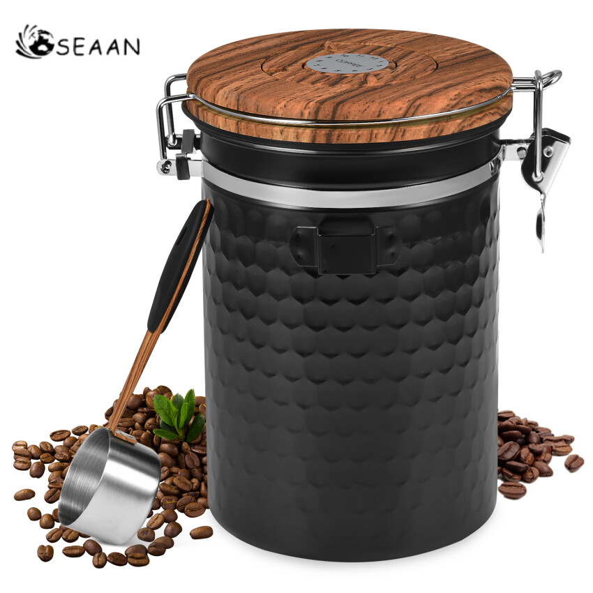 Airtight Coffee Canister With Vacuum Lid (Coffee Tea Container, Stainless Steel Storage Tin, Storage Jar Matte Black (1800ml))
