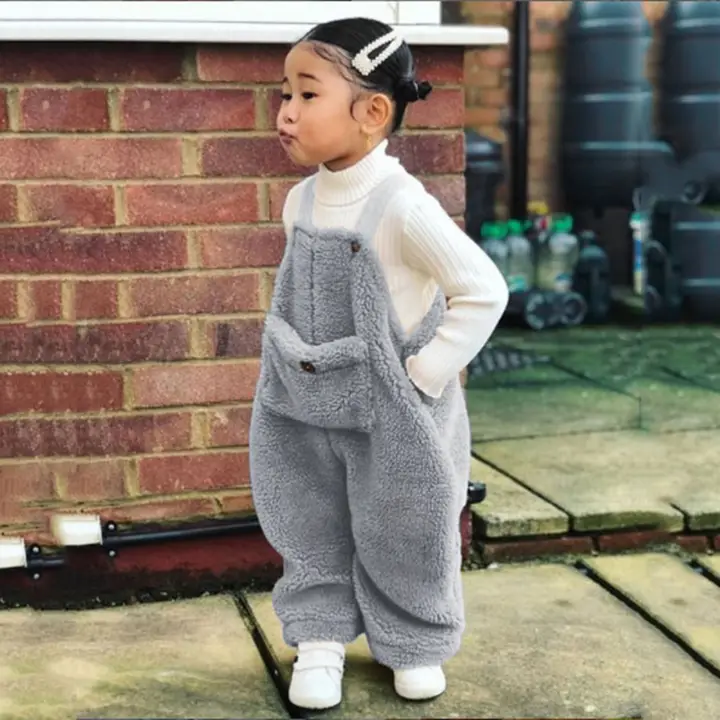 Toddler Kids Baby Girl Boys Solid Flannel Suspender Pants Overalls Warm Winter