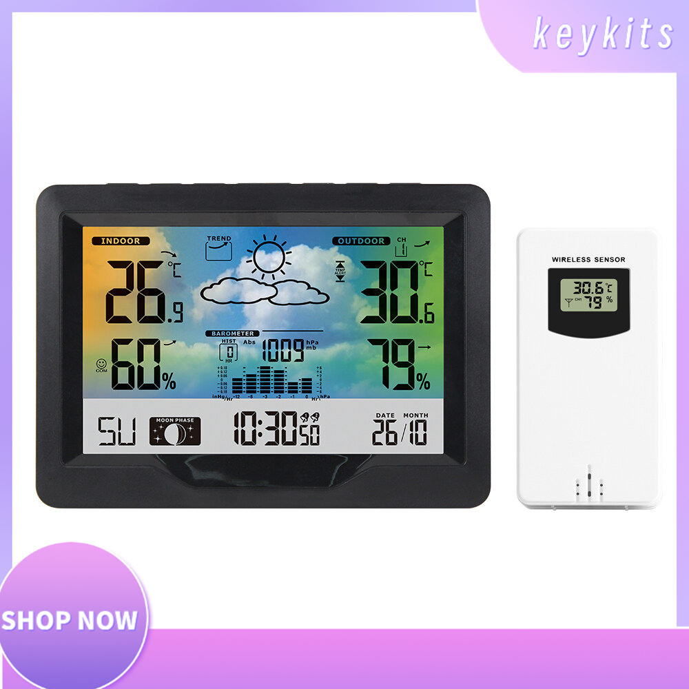 Keykits- Wireless Weather Station Indoor Outdoor Color Screen Weather Forecast Station with Outdoor Sensor Digital Temperature and Humidity Gauge with Alarm Clock Moon Phase Backlight Sooze Mode