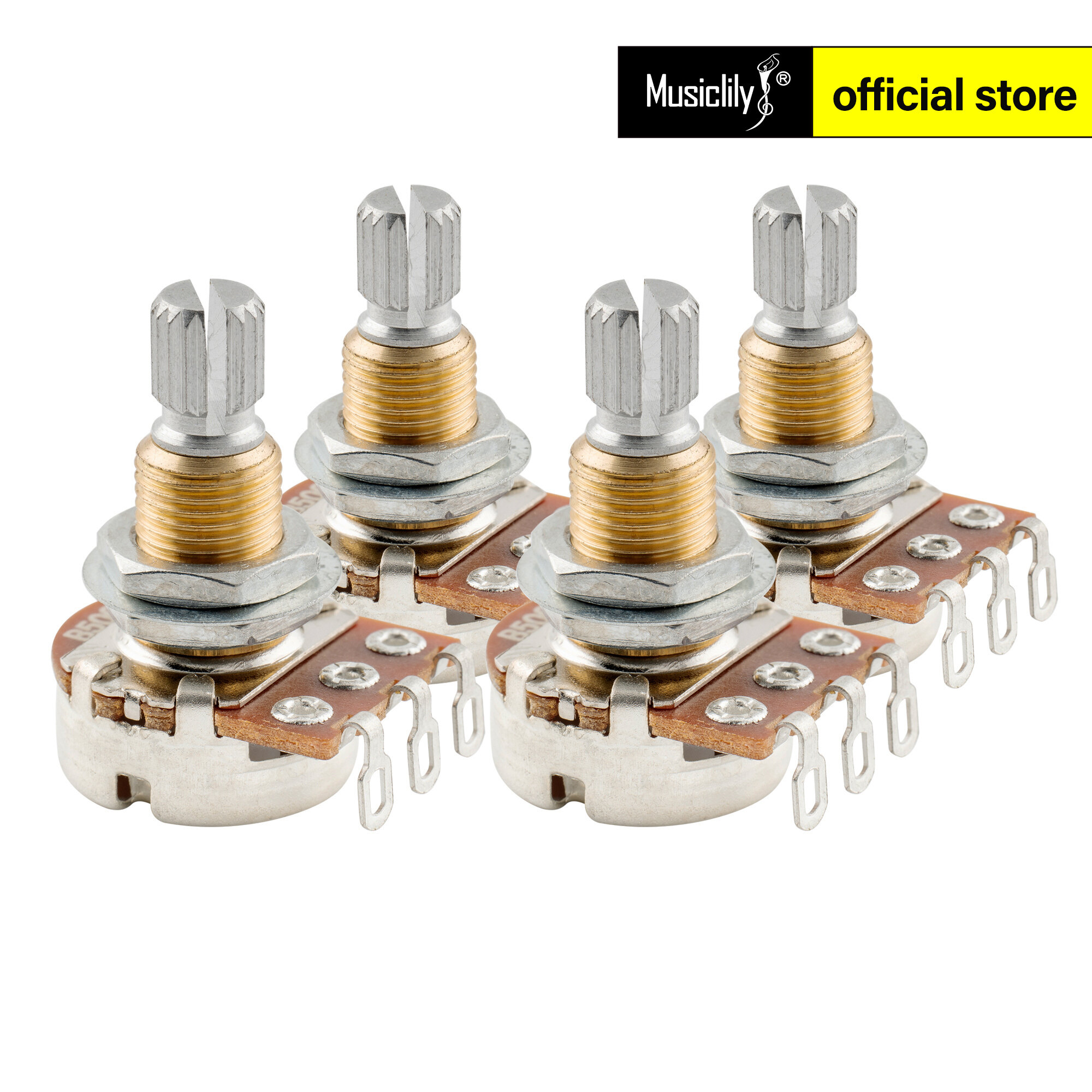 Musiclily Pro B500K Brass Thread Mini Metric Coarse 18-Spline Split Shaft Pots Linear Taper Potentiometers for Electric Guitar Bass (Set of 4)