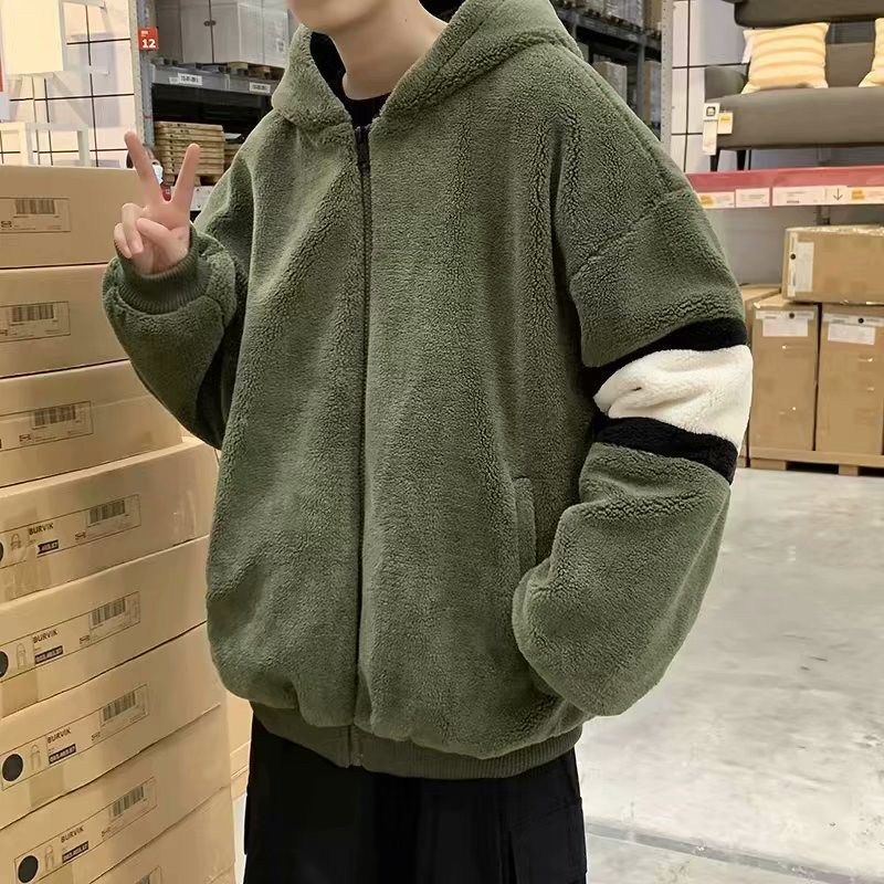 Áo Khoác Cotton Cho Nam Áo Khoác Lông Cừu Dày Lông Cừu Dáng Rộng Mới Mùa Đông 2024 Áo Khoác Cardigan Có Mũ Trùm Đầu Thường Ngày Shiny MJK 064