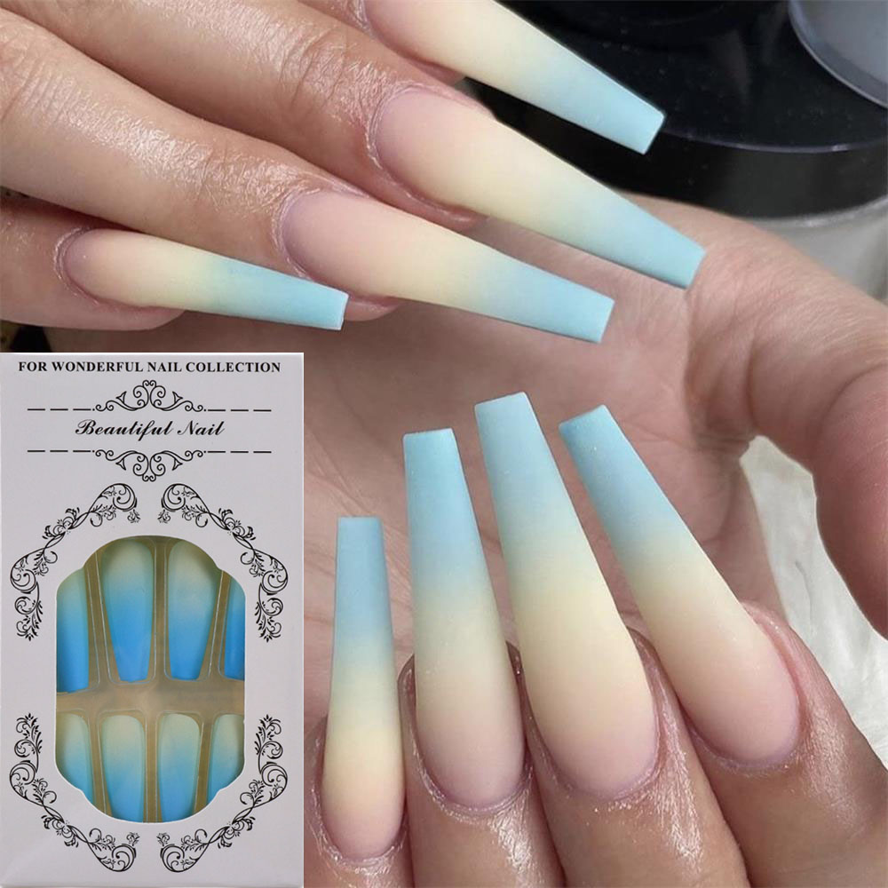 24 Pcs Coffin Shaped Gradient Blue Artificial Nail With Glue Manicure Extension Tool Press On Nails Nail Art Tips Full Cover False Nails Tips Long Ballerina Fake Nails Lazada Ph