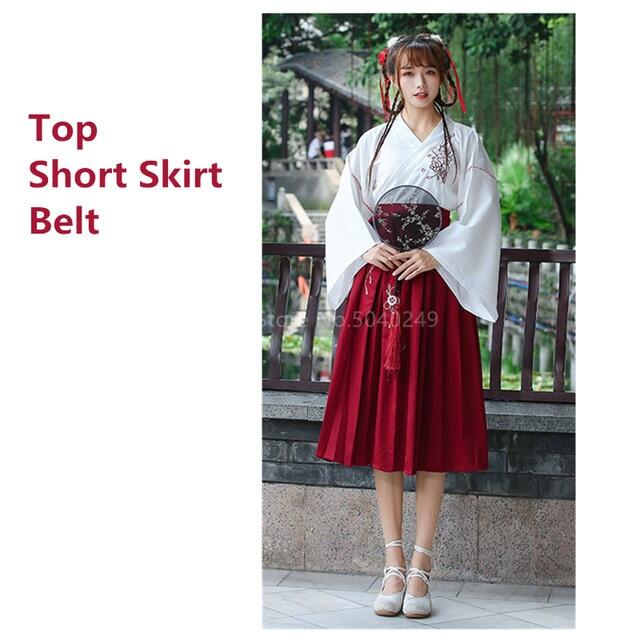 Japanese Dress Women Kimono Cardigan Girls Skirt Top Set Floral Embroidered Full Sleeve Yukata Haori Ancient Oriental 2Pcs Suit