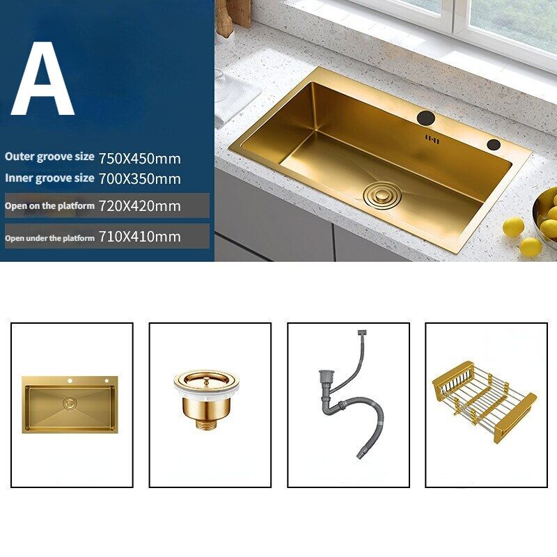 Gold Nano 304 Stainless Steel Sink Kitchen Wash Basin Large Single