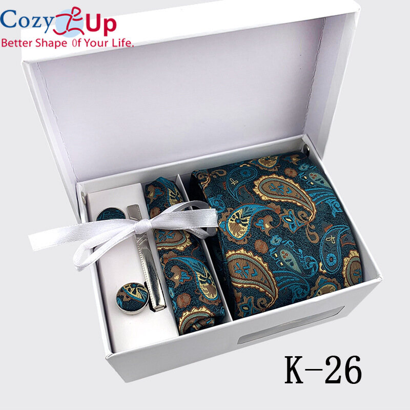 Cozy Up New Paisley Print Blue Red Yellow Silk Ties for Men Wedding Necktie Pocket Square Tie-Clips Cufflinks 6pcs /Sets