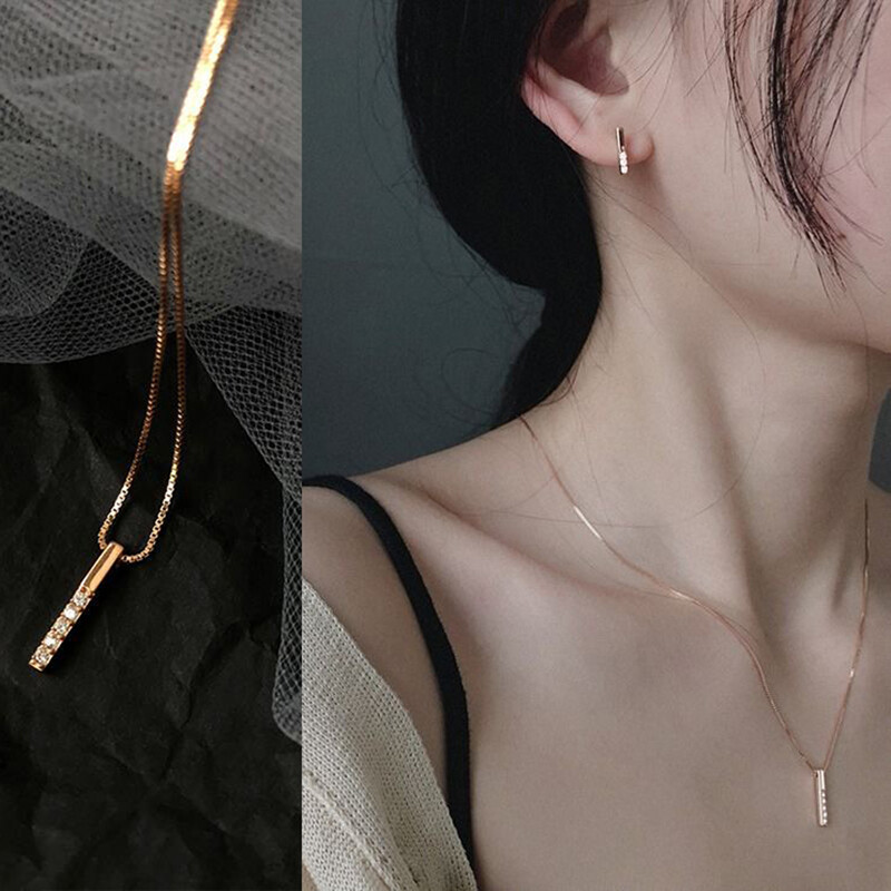 Geometric Long Pendant Necklace Ladies Shiny Crystal Design Simple Clavicle Chain Birthday Gift Couple Necklaces Rose Gold Alloy Chains