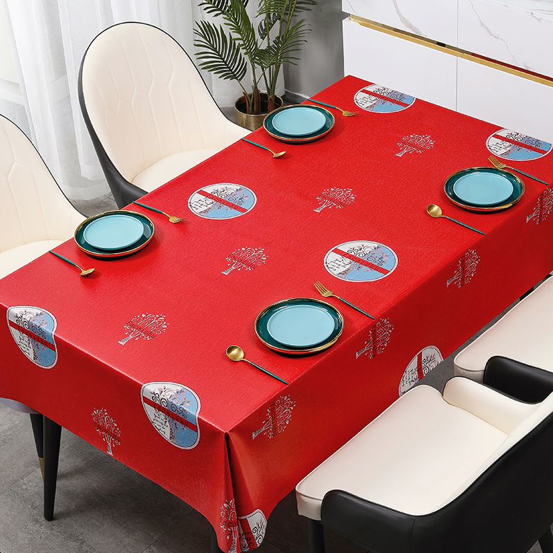 High-end New Chinese-style Festive Red Tablecloth Waterproof and Oil-proof Wash-free Rectangular Dining Table Home