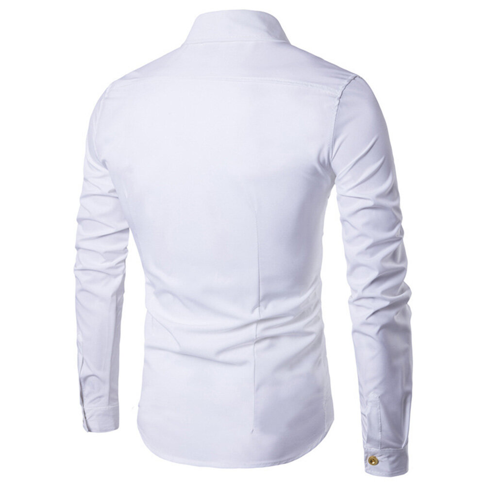 Men Long Sleeve Turn Down Collar Diagonal Double-breasted Buttons Cotton Shirt