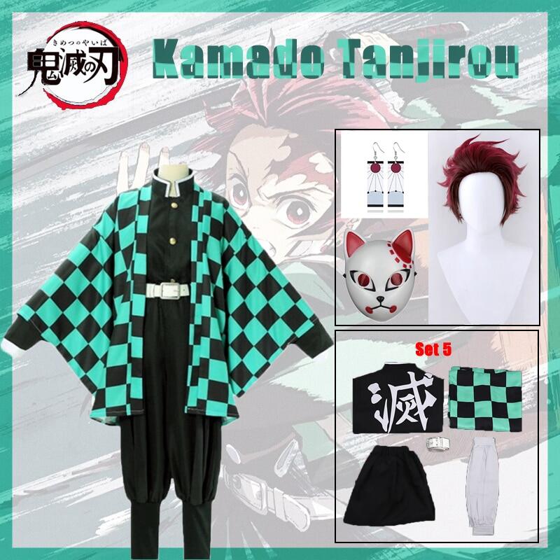 Demon Slayer Kamado Tanjirou Cosplay Costume Accessories Sword Katana Mask  Anime Clothes Eardrop Uniform Set(XL) 