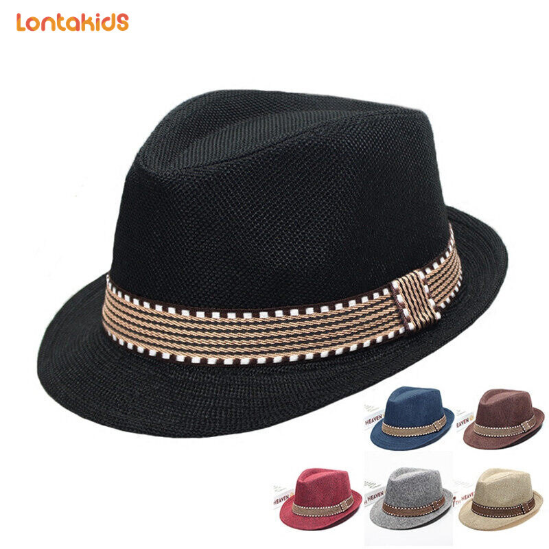 Lontakids Kid Unisex Jazz Hat Summer Beach Sun Cotton Linen Vintage Wide Hat Jazz Panama Fedoras Korean Style Hat Jazz Cap Top Hat