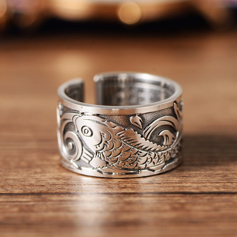 LR-Ladies and Men Auspicious Koi Heart Sutra Open Ring Lucky Fish Ring Brings More Lucky Real and Effective