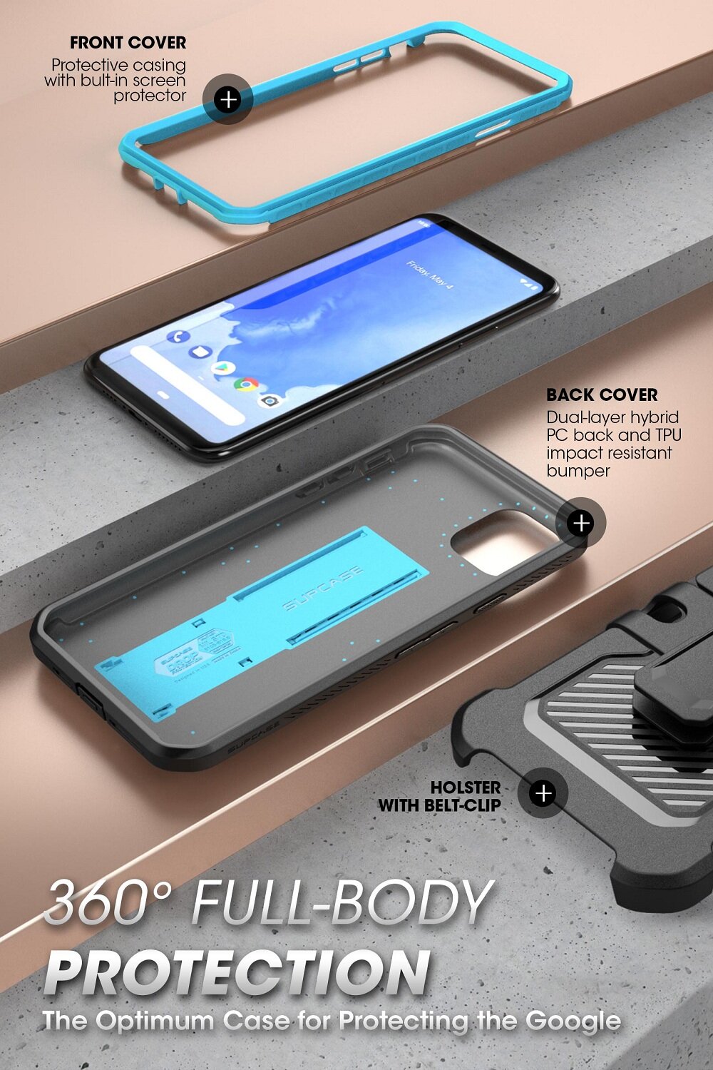 SUPCASE UBPro Casing for Google Pixel 4/ 4XL 2019 Full-Body Rugged Shockproof Case with Holster& Screen Protector& Kickstand