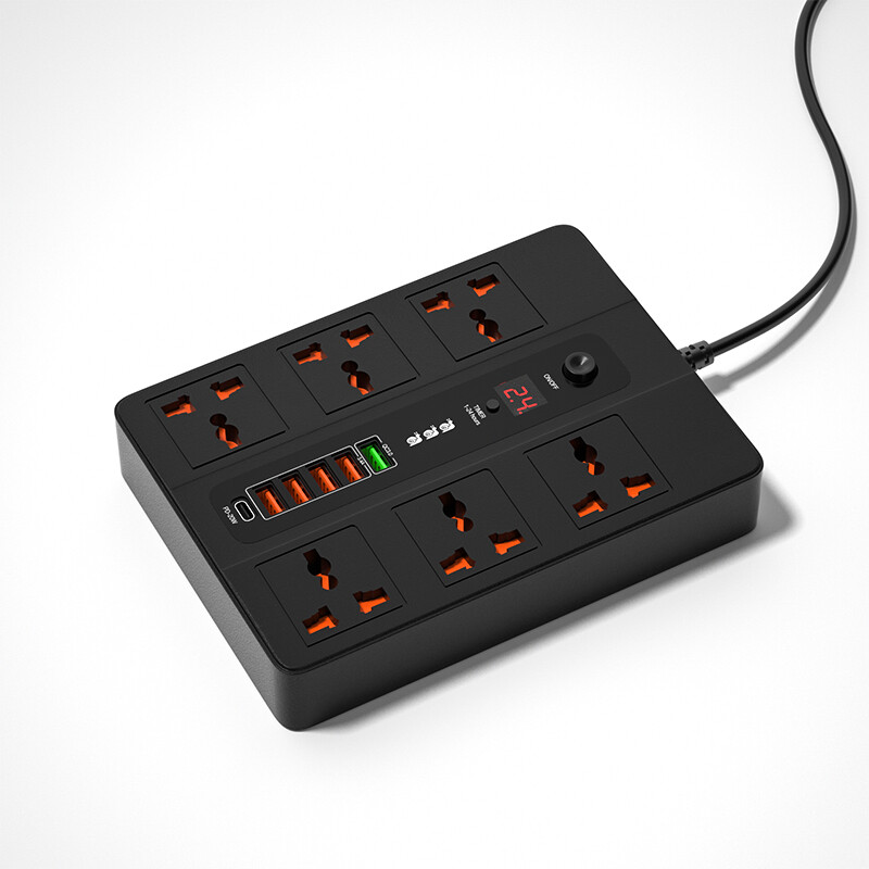 ASOMETECH 3000W 6 AC Outlets Power Strip with 6 USB Charging Ports 2M Long Extension Cord PD 3.0 QC3.0 USB Port Multi Plug Charger Socket Strip with Timing Function