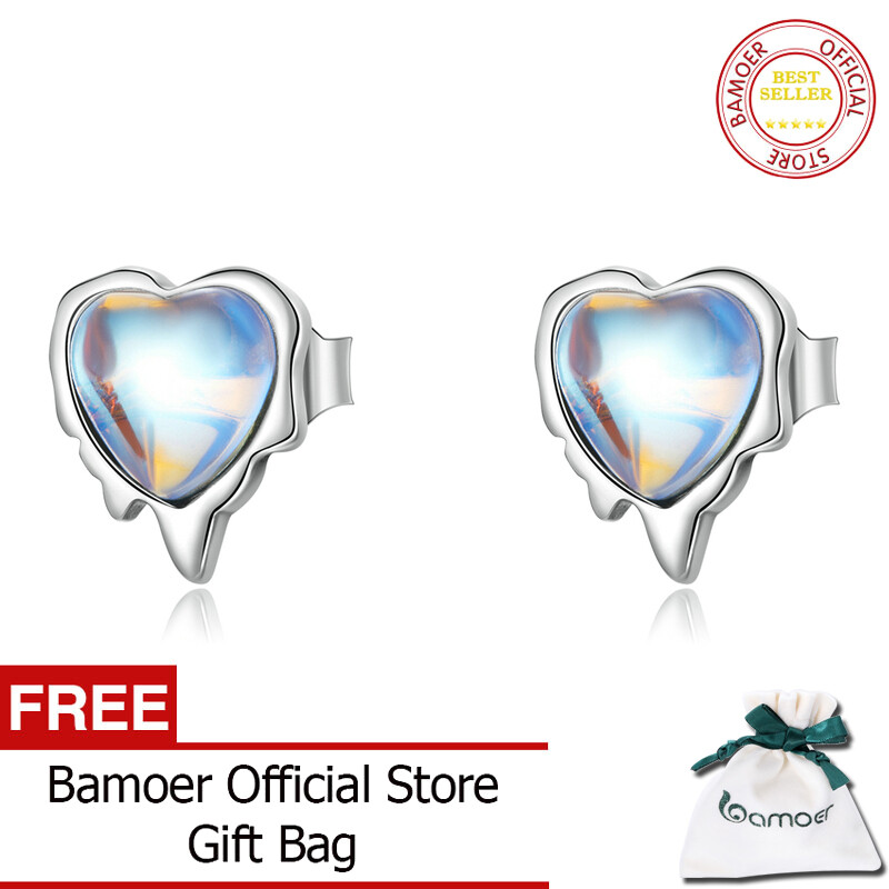 BAMOER Authentic 925 Sterling Silver Melting Heart-Shaped Moonstone Stud Earrings for Women Silver Earrings Jewelry Party Gift SCE1306