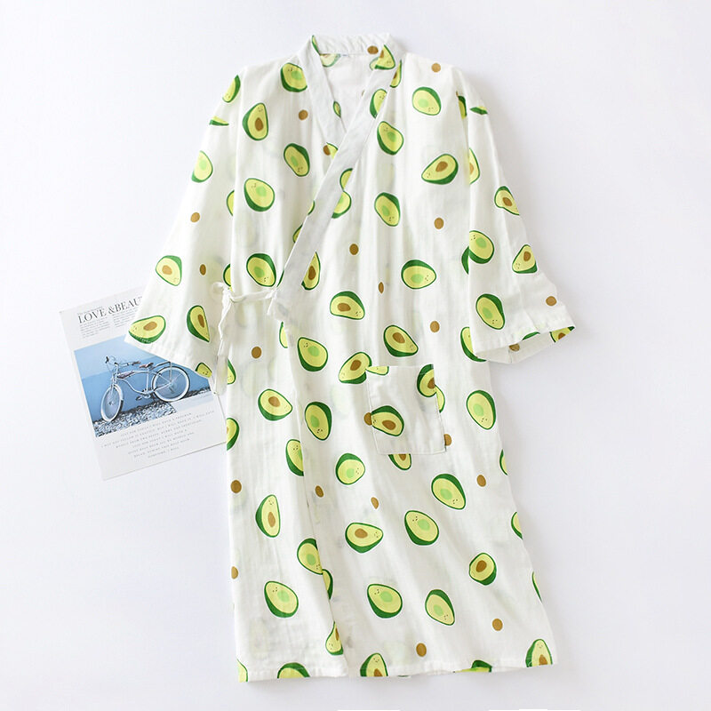 New summer avocado gauze thin single piece pure cotton women's home clothes bathrobe loose home RobeAFJ5