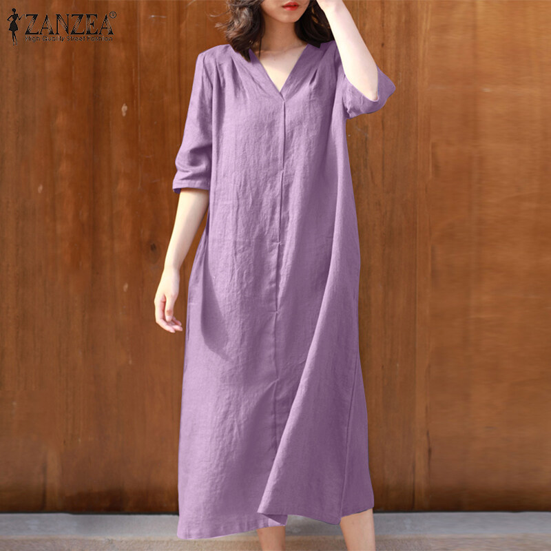 ZANZEA Korean Style Womens Summer Plain Short Sleeve V Neck Loose Waist Casual Holiday Long Dress #8